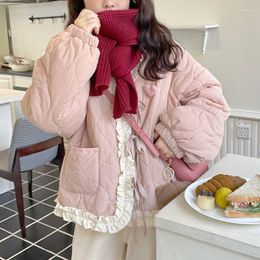 Women's Trench Coats Cotton Padded Jackets For Women Sweet Overcoat Female Cute Kawaii Patchwork Casual Warm Girls Pink Parkas Coat Winter