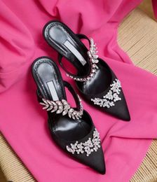 Wholesale Luxury Pumps Sandals Shoes Women High Heels Leaf Crystal-embellished Satin Mules Sexy Brand Pointed Toe Slippers Pumps EU35-42