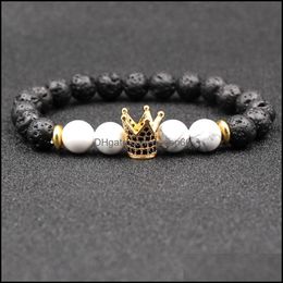 Charm Bracelets Lava Bead Bracelet White Turquoise Stone Men Jewellery Women Cz Zircon Crown Natural Drop Delivery Dhye3