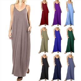 Womens Solid Colour Loose Pockets Long Dress Vest Autumn Sexy Sling