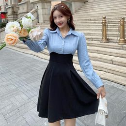 Casual Dresses Fashion Korean Vintage Turn-down Collar Long Sleeve Shirt Mini Party Dress Women OL Elegant Cute Print Folds Female