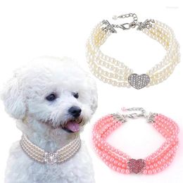 Dog Collars Pet Puppy Four Rows Pearls Necklace Collar Shiny Rhinestone Heart Shape Pendant Cat Jewellery Accessories
