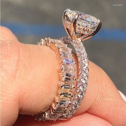 Cluster Rings Unique Luxury Jewelry Couple 925 Sterling Silver Princess White Topaz CZ Diamond Gemstones Women Wedding Bridal Ring Set