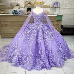 Stunning Purple Princess Ball Gown Quinceanera Dresses Mexician Sweet 15 Prom Evening Gowns Sheer Long Sleeve Appliques 3D Beads Flora Long Vestidos