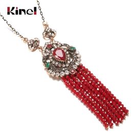 Chains Kinel Luxury Natural Stone Long Tassel Pendant Necklace For Women Antique Gold Colour Vintage Red Crystal Ethnic Bridal Jewellery