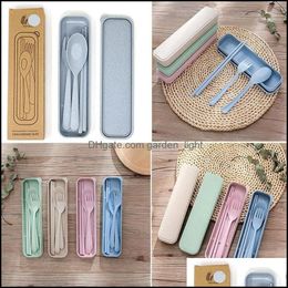 Flatware Sets 4 Portable Cutlery Wheat St Spoon Chopsticks Fork Tableware Set For Kids Adt Travel Picnic Cam Health Kitchen Europe D Ot7Zl