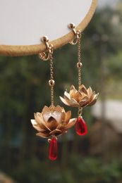 Headwear Hair Accessories Red Lotus Lamp Ancient Hanfu Tassel Earrings Handmade Retro Glass Headdress Ear Clips 230112