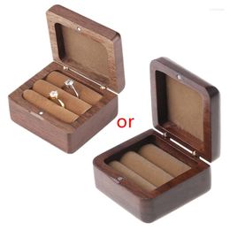 Jewelry Pouches Solid Wood Square Double Rings Box For Wedding Ceremony Storage Wooden Engagement Ring Bearer Present