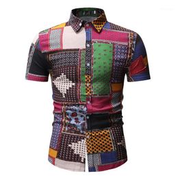 Men's Casual Shirts Hit Color African Dashiki Dress Shirt Men 2023 Fashion Vintage Print Short Sleeve Mens Streetwear Chemise