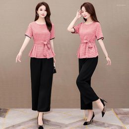 Women's Two Piece Pants Wide-Leg Suit Women's 2023 Summer Korean Simple Fashion Wild Cotton Linen Sets Female Loose Tops