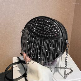 Evening Bags Black Round Handbag Fashion Tassel Leather Crossbody Bag Circular Mini Women Luxury Rivet Design Travel Phone Shoulder