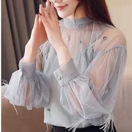 Women's Blouses & Shirts 2023 Women Perspective Grey Blouse Chiffon Shirt Transparent Long Sleeve Top Sexy Turn Down Collar Fashion