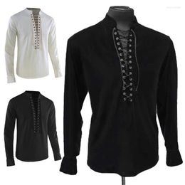 Men's Casual Shirts Men's 2023 Mediaeval Men Fashion Lace Shirt Costume Knight Noble T-shirt Drawstring Carnival Pirate Cosplay Tee Top