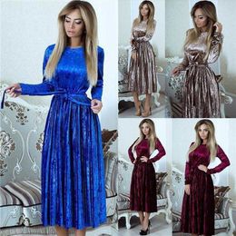 Autumn And Winter Gold Velvet Casual Dresses Solid Color Mid Length Pleated Dress
