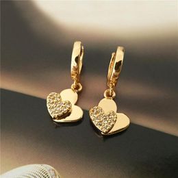 Hoop Earrings Gorgeous Lovely Gold Color Plating CZ Zircon Decorated Heart Overlap For Women Girl Pretty Romantic Party Jewelry