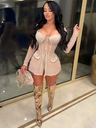 Women s Two Piece Pants hirigin Sheer Mesh Corset Zip Up Jacket Top and Shorts 2 Set Sexy Party Club Outfit Streetwear 230111