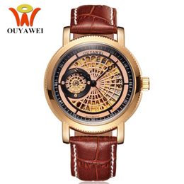 Wristwatches Man Luxury Automatic Self Wind Male Wristwatch Reloj Masculino Gold Black Skeleton Dial Leather Band Business Watch Men