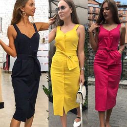 Casual Dresses KANCOOLD Dress Women Yellow Pink 2023 Solid Sleeveless V Neck Button Holiday Party With Belt