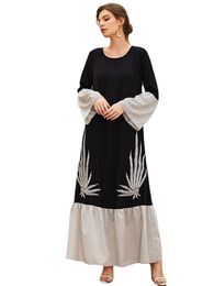 Casual Dresses Maxi For Women Fashion Contrast Stitching Ethnic Embroidery Long Sleeve Abaya Dress Black Arabic Muslim Clothes