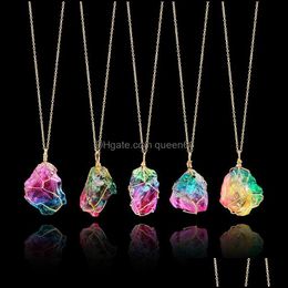 Pendant Necklaces Pretty Rainbow Stone Beautifly Necklace Crystal Quartz Healing Point Chakra Rock Color Gold Chain Drop Delivery Je Dh98J