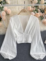 Women's Blouses Sexy Hollow Out Women's Blouse Elegant Deep V-Neck Slim Short Shirts Female Puff Long Sleeve White Tops Autumn 2023