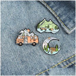 Pins Brooches Wild Scenery Car Moon Mountain Peak Enamel Brooch Pins 3Pcs/Set Ins Creative Cartoon Funny Alloy For Girls Boys Gift Dhgso