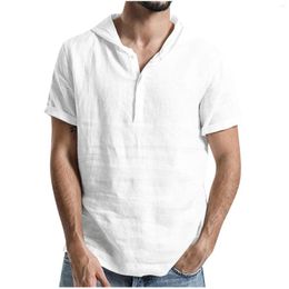 Men's Casual Shirts Fashion Men Slim Fit Dress Shirt Vintage Cotton Linen Solid Colour Short Sleeve Hooded T-shirts Tops Blouse Chemise Homme