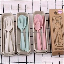 Flatware Sets 4 Portable Wheat St Cutlery Spoon Chopsticks Fork Tableware Set Daily Use Reusable Ecofriendly Bpa Utensils For Kids A Otjeu