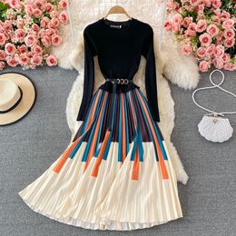 Casual Dresses Autumn Ladies Dress Knitted Patchwork Long Puff Sleeves Swing Women Elastic Sexy Slim A-line Pleated