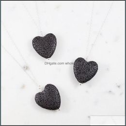 Pendant Necklaces Fashion Love Heart Essential Oil Diffuser Necklace Aromatherapy Jewellery Black Lava Stone Long Chains Drop Delivery Dhjme