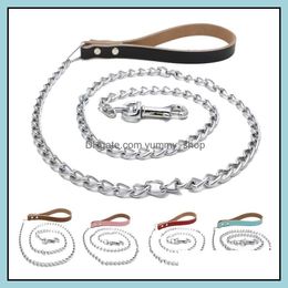 Dog Collars Leashes Iron Chain Leades Genuine Cowe Leather Handler Chrome Plated Leash Collar For Small Large Dogs 120Cm Drop Deli Otjek