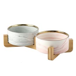 Dog Bowls Feeders Marbling Ceramic Double Bowl For Cat Puppy Water Food Drinking Feeder Small Animal Dispenser Multifunction Pet Product #P005 230111