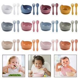 Bowls Baby Silicone Bowl Set BPA Free Non-slip Children's Suction Wooden Handle Spoon Grade Waterproof Tableware