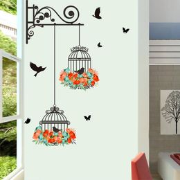 Other Decorative Stickers Colorful Flower birdcage flying birds wall sticker Creative home decor living room Decals wallpaper bedroom nursery window decor 230111