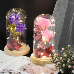 Decorative Flowers Preserved Fresh Glass Cover Home Decor With Lights Eternal Flower Gift Christmas Valentine's Day Creative