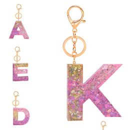 Keychains Lanyards Letter Pendant Resin Key Chains Rings For Women Cute Car Pink Sequin Letters Keyring Holder Charm Bag Couple Gi Dhnul