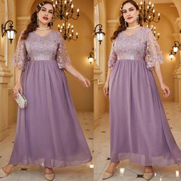 Ethnic Clothing Elegant Women Plus Size Large Maxi Dress 2023 Summer V-Neck Embroidery Purple Oversize Long For Party Evening Festival