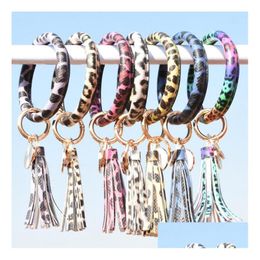 Keychains Lanyards Leather Wrap Tassels Bracelets Keychain Custom Wristlet Bracelet Tassel Leopard Print Bangles Round Bangle Key Dhq19