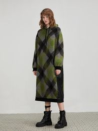 Casual Dresses WINTER 2023 COLLECTION Hooded Long Loose PU Patchwork Plaid Wool Dress Women