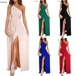 Sexy Solid Color One Shoulder Hollow out Halter High Waist Slit Maxi Dress Womens Clothing