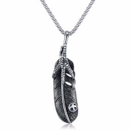 Pendant Necklaces Mens Punk Stainless Steel Feather With Eagle Claw 55mm Chain Necklace Steampunk Jewelry For Men