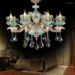 Chandeliers Modern Led Villa Complex Building Staircase Living Room Foyer Blue Crystal Zinc Alloy Ceramic Lamp Avize