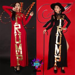 Stage Wear Beyonce Same Star Gold Letters Red Black Super Elastic High Fork Long Dress Costume Dance Team Practicing Dresses