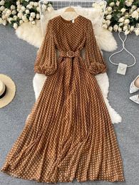 Casual Dresses Autumn Women White/Black/Brown Polka Dot Long Dress Vintage Round Neck Puff Sleeve Elegant A-Line Maxi Vestidos Female 2023