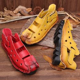 Sandals Leather Women Summer Ankle Gladiator Flats Comfortable 2023 Ladies Shoes Flat Heels Hole Breathable Sandalias Mujer