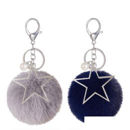 Keychains Lanyards 8Cm Key Chain Fur Ball Pom Keychain Pompom Pearl Star Artificial Rabbit Animal For Car Bag Ring Drop Delivery F Dh9Nw