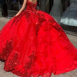 Red Organza Sweet 16 Quinceanera Dress Sequined Applique Beaded Sweetheart Tulle Layered Ruffles Pageant Dress Mexican Girl Birthd322E