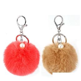 Keychains Lanyards Pompons Pearl Keychain Women Car Bag Key Ring Jewellery Colours Trinket Fluffy Artificial Imitation Rabbit Fur Pen Dhbfe