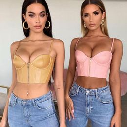 Women's Tanks Women Sexy PU Chest Pad Steel Support Zipper Gather Vest Wrap Strapless Navel Nightclub Short T-shirt Casual Top