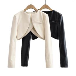 Women's Suits Women Chic Office Lady O-Neck Short Leather Blazer Vintage Coat Fashion Notched Collar Long Sleeve Ladies Outerwear Stylish